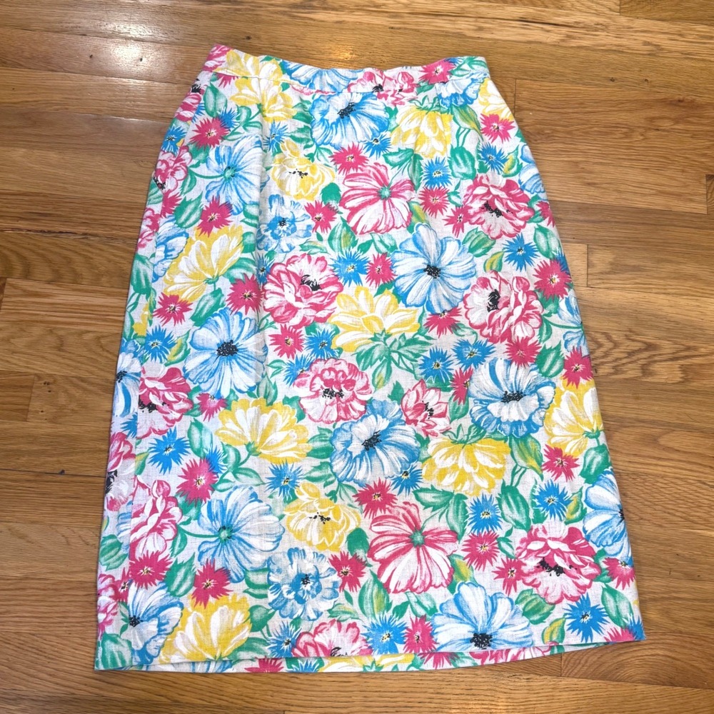 Harrington Square Vintage Floral Midi Skirt Size 16 Made in USA Linen Blend Pink